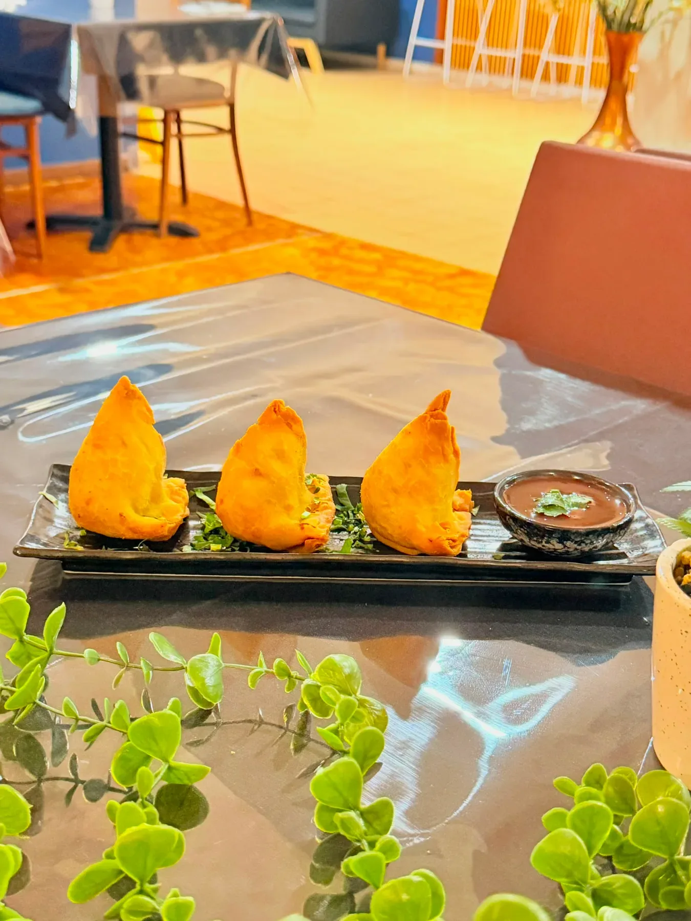Golden samosas plated at TASSIE FLAME
